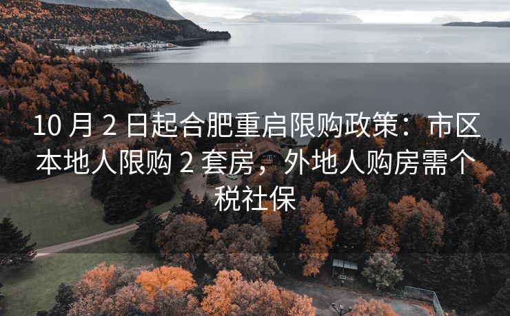 10 月 2 日起合肥重启限购政策:市区本地人限购 2 套房,外地人购房需个税社保 10 月 2 日起合肥重启限购政策:市区本地人限购 2 套房,外地人购房需个税社保